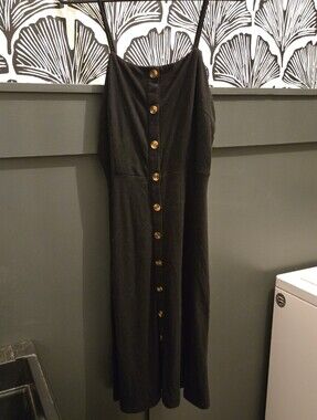 Button-Front Black Midi Dress with Spaghetti Straps
